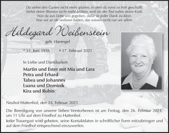 Traueranzeige von Hildegard Weißenstein von FZ