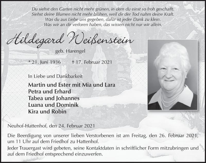  Traueranzeige für Hildegard Weißenstein vom 23.02.2021 aus FZ