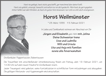 Traueranzeige von Horst Weilmünster von FZ