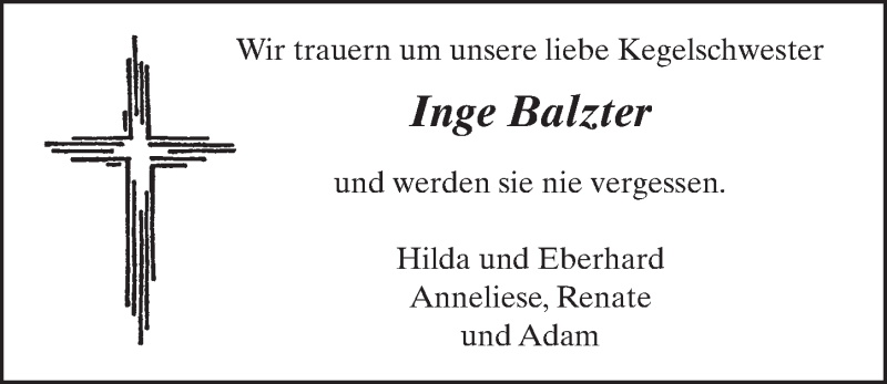  Traueranzeige für Inge Balzter vom 23.02.2021 aus FZ