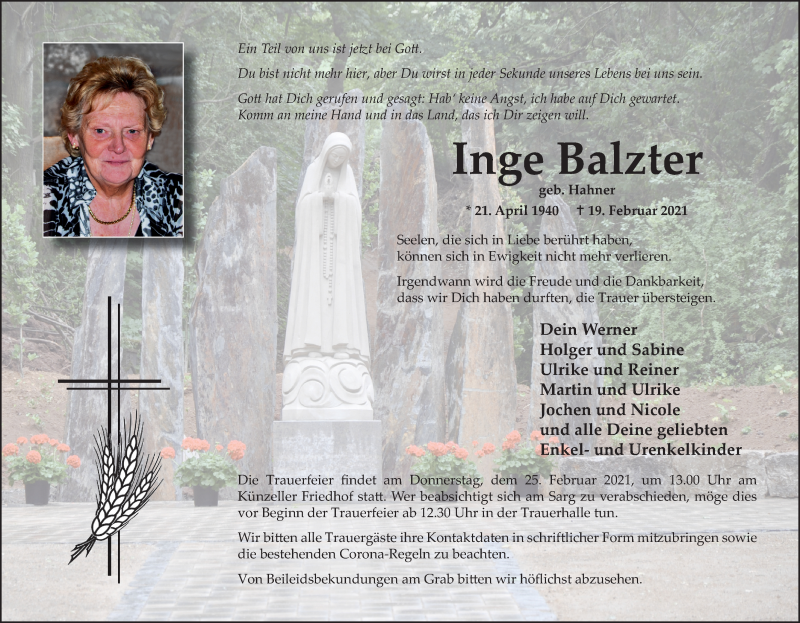  Traueranzeige für Inge Balzter vom 23.02.2021 aus FZ
