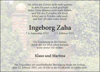 Traueranzeige von Ingeborg Zaha von FZ
