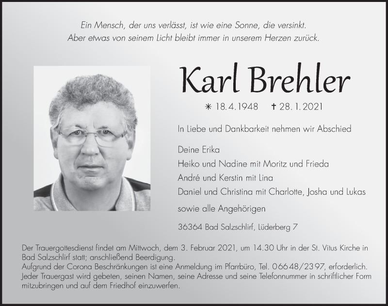 Traueranzeige für Karl Brehler vom 01.02.2021 aus FZ