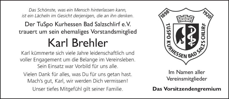  Traueranzeige für Karl Brehler vom 01.02.2021 aus FZ