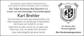 Traueranzeige von Karl Brehler von FZ