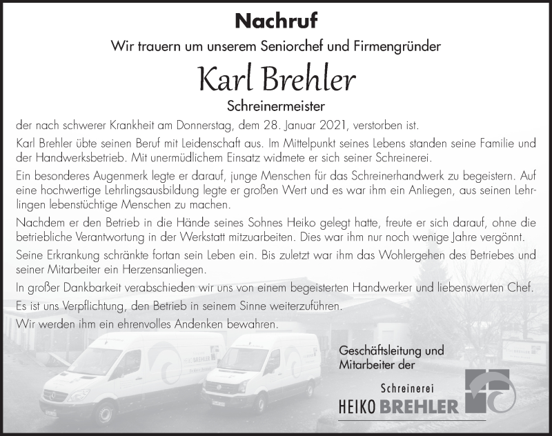  Traueranzeige für Karl Brehler vom 01.02.2021 aus FZ