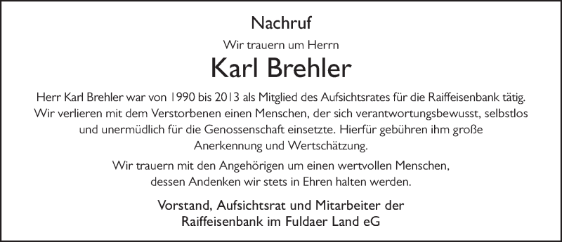  Traueranzeige für Karl Brehler vom 01.02.2021 aus FZ