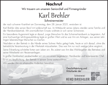 Traueranzeige von Karl Brehler von FZ
