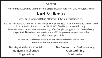 Traueranzeige von Karl Malkmus von FZ