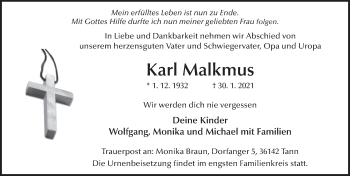 Traueranzeige von Karl Malkmus von FZ