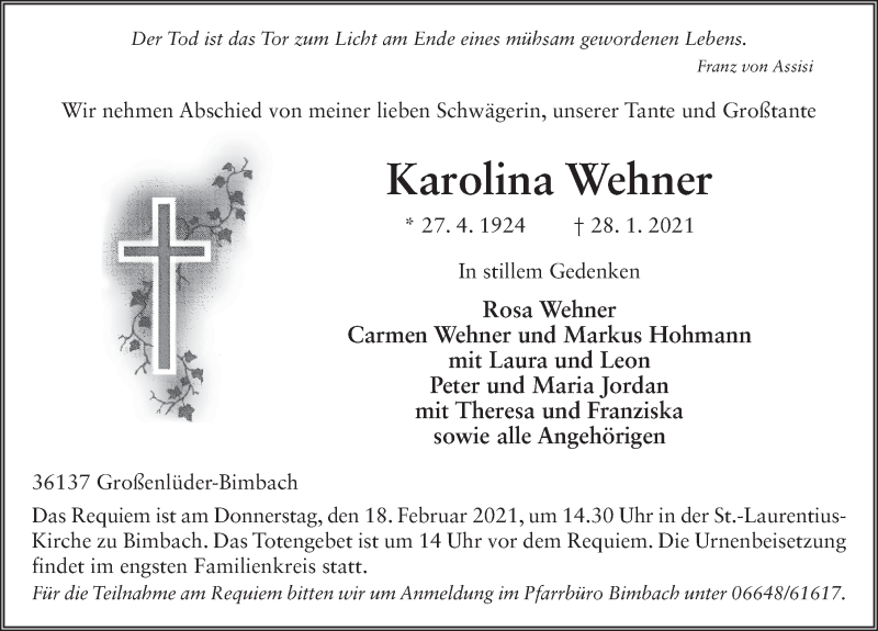  Traueranzeige für Karolina Wehner vom 13.02.2021 aus FZ