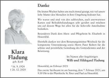 Traueranzeige von Klara Fladung von FZ