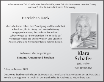 Traueranzeige von Klara Schäfer von FZ