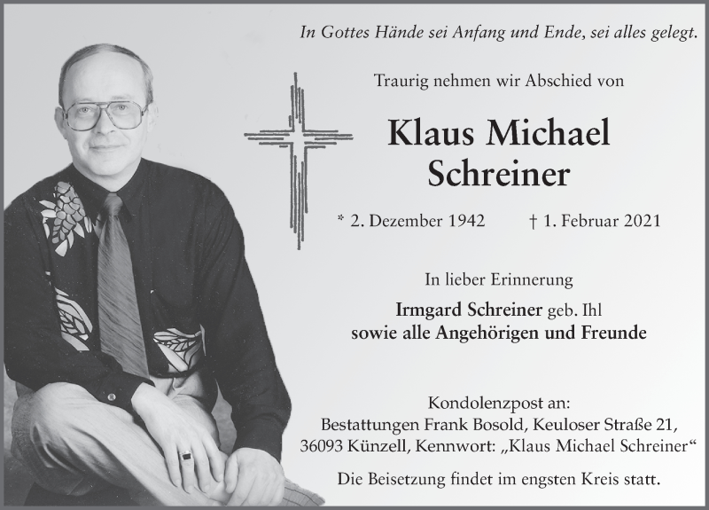  Traueranzeige für Klaus Michael Schreiner vom 05.02.2021 aus FZ
