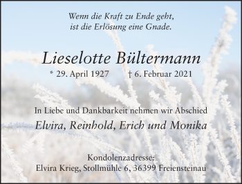 Traueranzeige von Lieselotte Bültermann von FZ