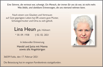Traueranzeige von Lina Heun von FZ