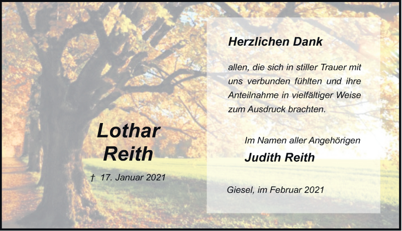  Traueranzeige für Lothar Reith vom 19.02.2021 aus FZ