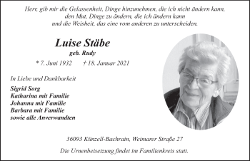 Traueranzeige von Luise Stäbe von FZ