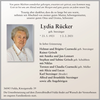 Traueranzeige von Lydia Rücker von FZ