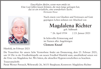 Traueranzeige von Magdalena Richter von FZ