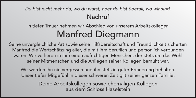  Traueranzeige für Manfred Diegmann vom 19.02.2021 aus FZ