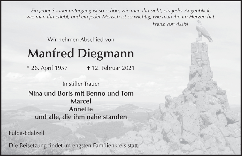  Traueranzeige für Manfred Diegmann vom 19.02.2021 aus FZ