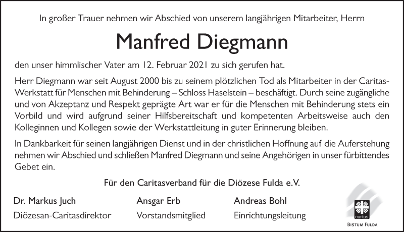  Traueranzeige für Manfred Diegmann vom 19.02.2021 aus FZ