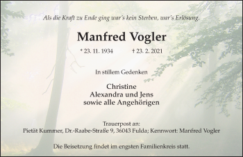 Traueranzeige von Manfred Vogler von FZ