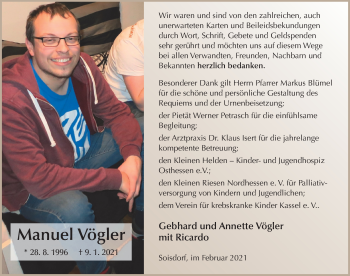 Traueranzeige von Manuel Vögler von FZ