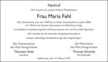 Traueranzeige von Maria Fehl von FZ