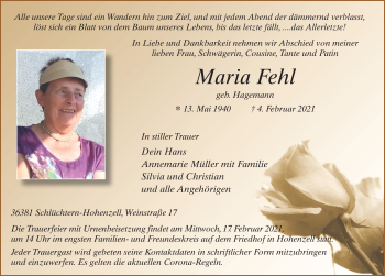 Traueranzeige von Maria Fehl von FZ