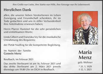 Traueranzeige von Maria Menz von FZ