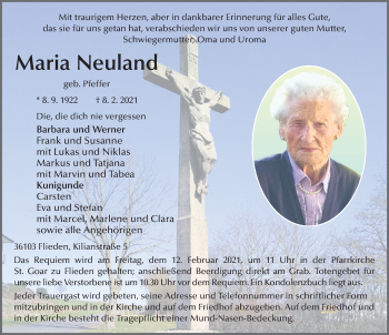 Traueranzeige von Maria Neuland von FZ