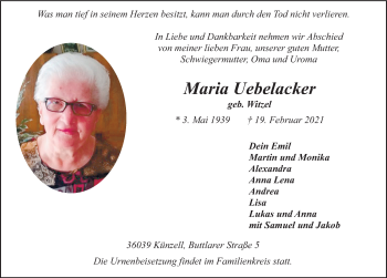 Traueranzeige von Maria Uebelacker von FZ
