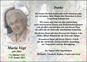 Traueranzeige von Maria Vogt von FZ