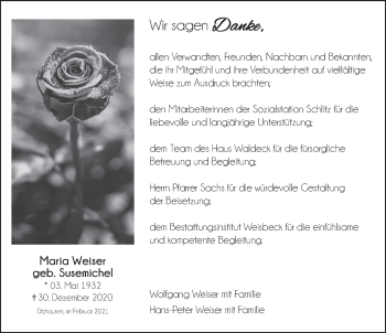 Traueranzeige von Maria Weiser von FZ