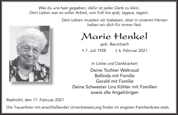 Traueranzeige von Marie Henkel von FZ