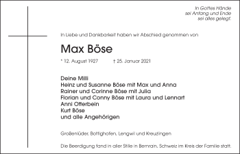 Traueranzeige von Max Böse von FZ