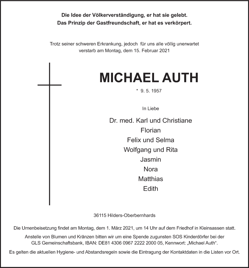  Traueranzeige für Michael Auth vom 25.02.2021 aus FZ