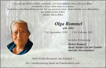 Traueranzeige von Olga Rommel von FZ
