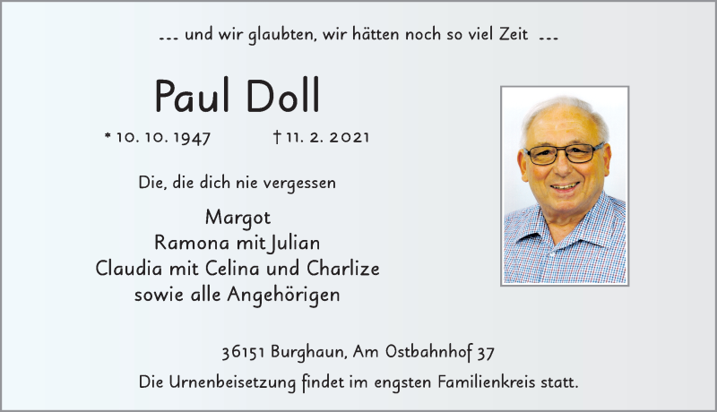  Traueranzeige für Paul Doll vom 20.02.2021 aus FZ
