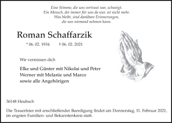 Traueranzeige von Roman Schaffarzik von FZ