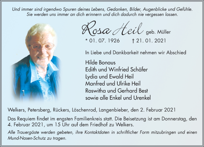  Traueranzeige für Rosa Heil vom 02.02.2021 aus FZ