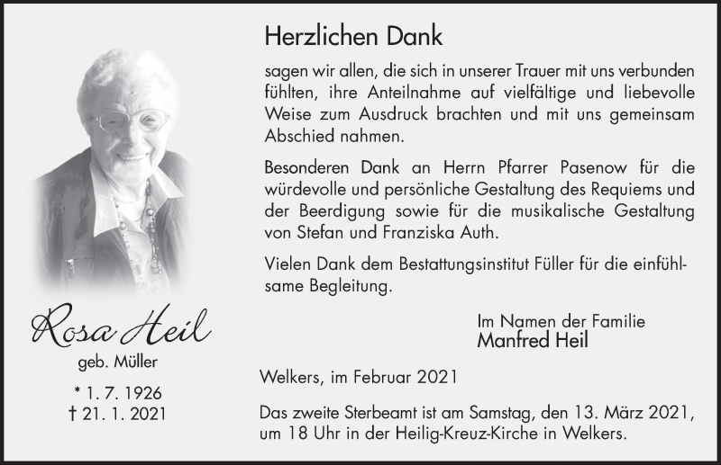  Traueranzeige für Rosa Heil vom 18.02.2021 aus FZ