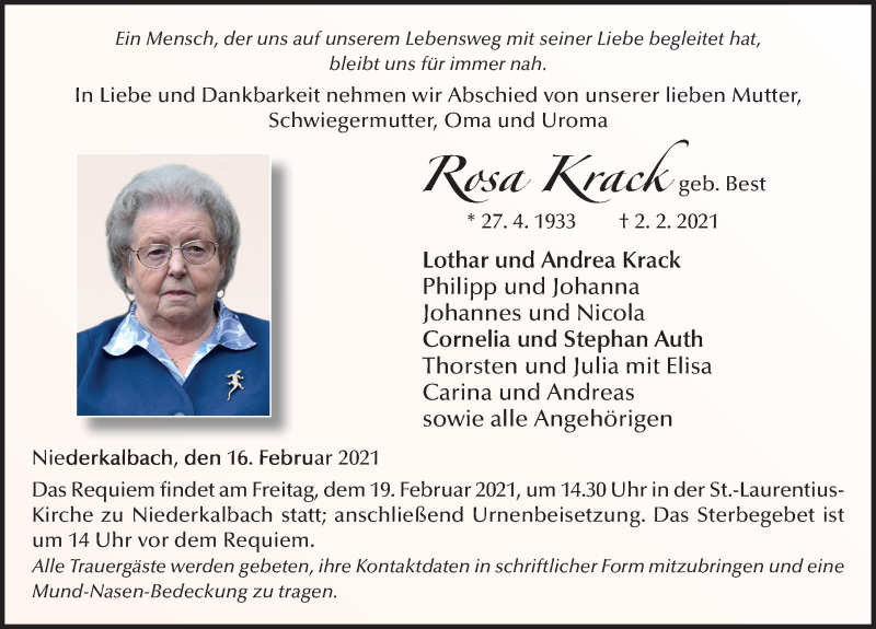  Traueranzeige für Rosa Krack vom 16.02.2021 aus FZ