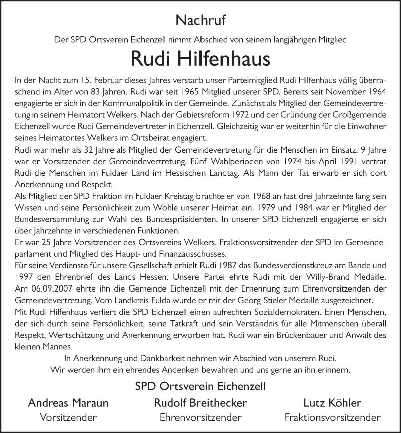  Traueranzeige für Rudolf Hilfenhaus vom 20.02.2021 aus FZ