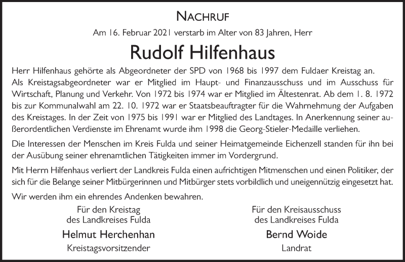  Traueranzeige für Rudolf Hilfenhaus vom 20.02.2021 aus FZ