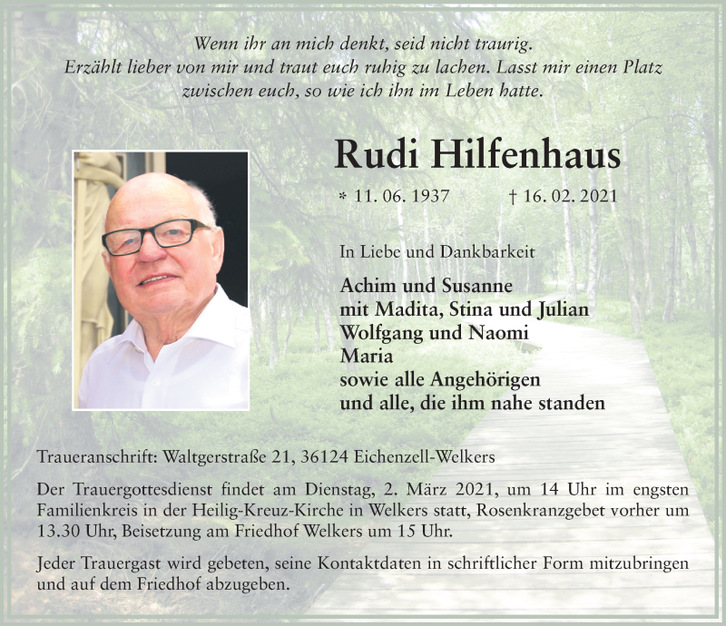  Traueranzeige für Rudolf Hilfenhaus vom 20.02.2021 aus FZ