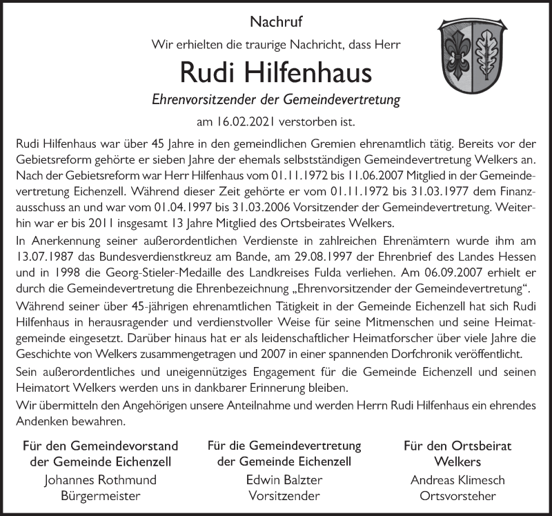  Traueranzeige für Rudolf Hilfenhaus vom 20.02.2021 aus FZ