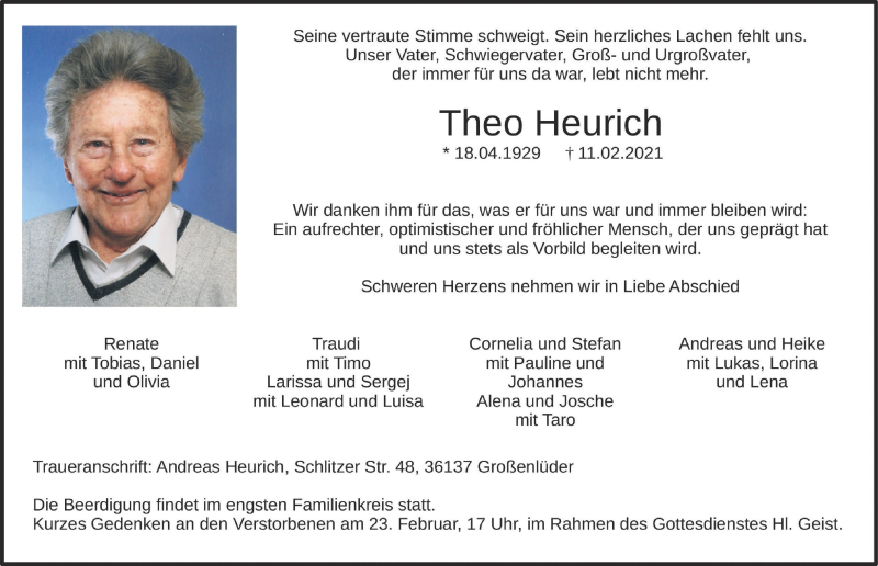  Traueranzeige für Theo Heurich vom 20.02.2021 aus FZ